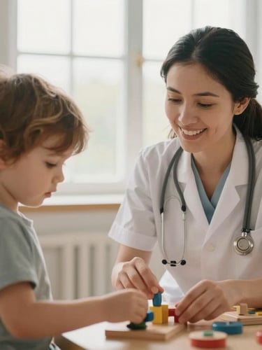 A warm pediatric therapist smiling gently while encouraging a child playing with wooden educational toys, soft natural window light, gentle muted tones, shallow depth of field, 35mm.