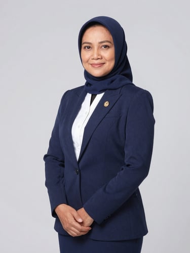 Studio portrait of Indonesian female secretary general, late 30s, clean grey background, professional attire, confident smile, 35mm lens