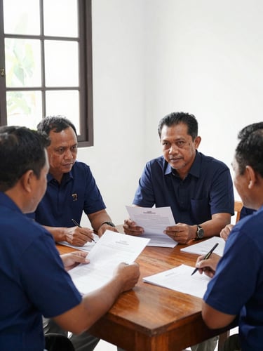 Candid unposed portrait of Indonesian community leaders sitting around a wooden table, discussing policy documents, natural window light, authentic editorial style.