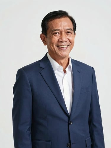 Studio portrait of a modern Indonesian leader, warm natural daylight, clean white background, wearing a neat navy blue blazer, candid smiling expression, professional editorial photography