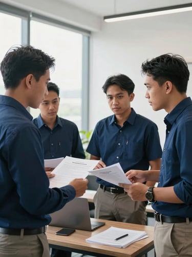 Candid editorial photo of Indonesian young professionals in a bright modern office discussing policy documents, natural daylight, deep blue tones