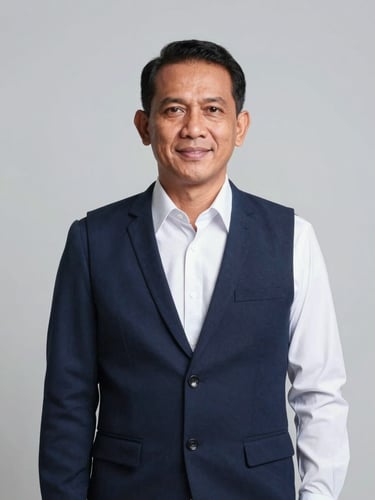 Studio portrait of Indonesian male treasurer, early 40s, clean grey background, professional attire, smart look, 35mm lens