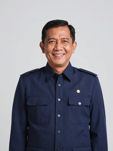 Studio portrait of Indonesian male chairman, mid-40s, clean grey background, navy formal attire, friendly and professional, 35mm lens