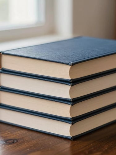 Close-up of physical textbooks stacked neatly on a dark wooden library table, soft natural window light, shallow depth of field
