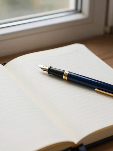 A flat-lay of an open academic notebook with structured margin notes, a classic fountain pen resting on the page, soft natural library window light, shallow depth of field