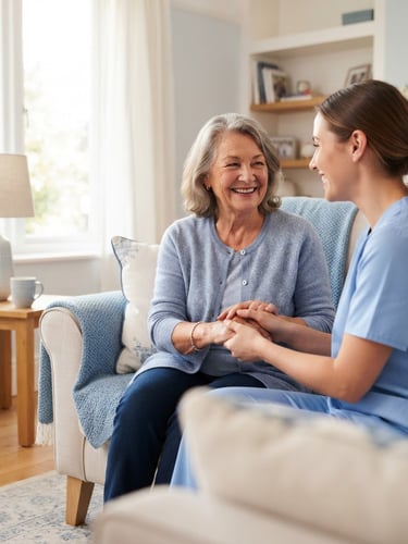 A bright clean medical photography shot of a smiling senior patient with a supportive caregiver in a warm home care setting, soft natural daylight, calming blue and white tones, high-key studio lighting, 50mm