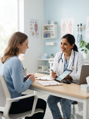 Bright clean medical consultation, soft natural daylight, calming blue and white tones, high-key studio lighting, 50mm