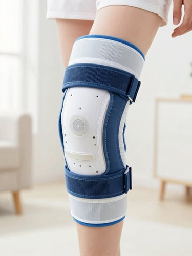 Close-up of a high-quality orthopedic knee support being worn naturally, bright clean home environment, soft daylight, warm clinical feel
