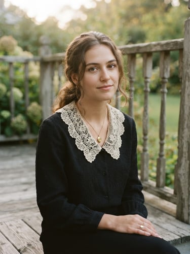 A soft-focus portrait of a young woman on a weathered wooden porch in diffused golden hour light, wearing a delicate cream lace collar, 35mm film style.