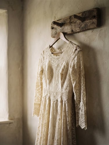Soft-focus portrait of a 1960s dress with heavy lace details hanging on a weathered wooden peg, diffused golden hour overcast window light, warm muted tones, 35mm film photography
