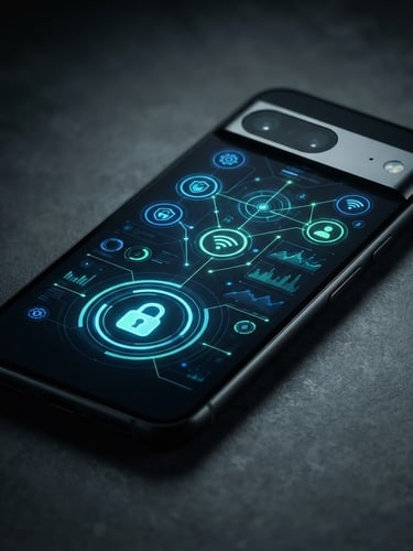 Angled perspective of a sleek, modern Android smartphone displaying a crisp, dark-themed UI with electric blue and mint green accents, low-key studio lighting, macro lens, sharp focus.