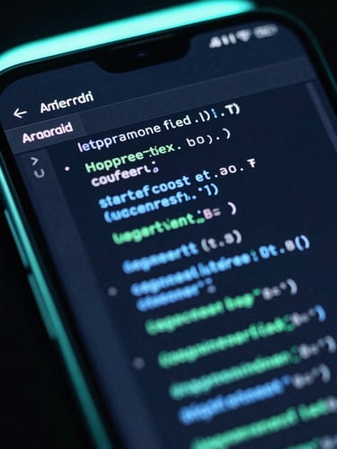 Macro shot of a high-end Android device displaying crisp UI code blocks in a dark-themed IDE, moody studio lighting with electric blue and mint green neon glows, angled perspective, sharp focus.