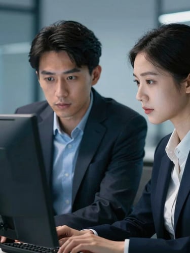 Medium close-up of two professionals collaborating in front of a clean computer monitor, focused expressions, cool-toned studio lighting with blue accents, 35mm lens