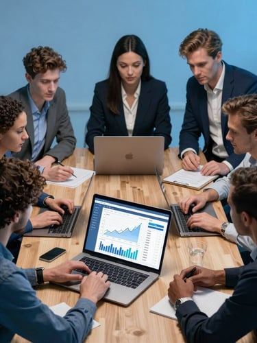 A high-angle shot of diverse European professionals collaborating at a modern wooden desk, viewing a clean UI dashboard on a laptop with positive growth charts, cool blue studio lighting, 35mm lens