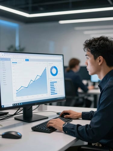 A professional in a modern office looking at a screen showing positive financial growth charts, clean-lined UI mockup, cool-toned studio light with subtle blue accents.