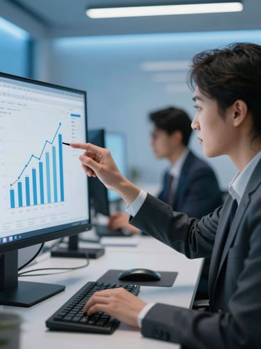 Medium close-up of a professional analyzing positive growth charts on a screen, cool blue ambient lighting, clean modern workstation, 35mm lens