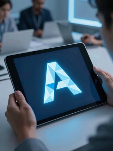 A sharp, high-angle close-up of a modern workspace with a custom abstract geometric 'A' vector motif glowing on a tablet screen, cool blue ambient lighting, 35mm lens.