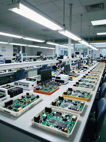 Wide overhead view of a clean organized electronics production floor, rows of assembly stations under bright fluorescent overhead lighting, completed router boards staged in labeled trays, no workers present, industrial documentary framing
