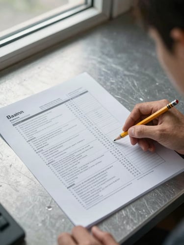 Close overhead view of a printed BOM document spread flat on a metal workstation surface, engineer's hand pointing to a component line item with a pencil, bright north-facing window light, no shadows