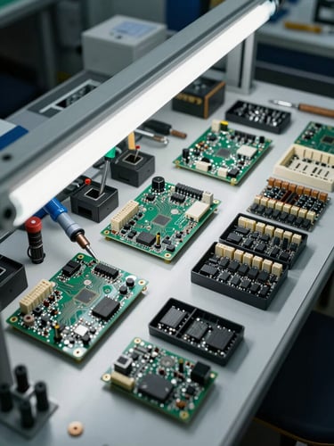 Close overhead shot of a PCB assembly station, circuit boards mid-production under bright north-facing overhead light, organized component trays visible in frame right, soldering tools at left, no workers present