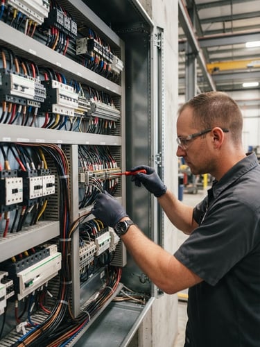 Technician inspecting a clean, modern electrical panel, focused on wiring, with high-contrast industrial lighting. Sharp focus, 35mm lens.
