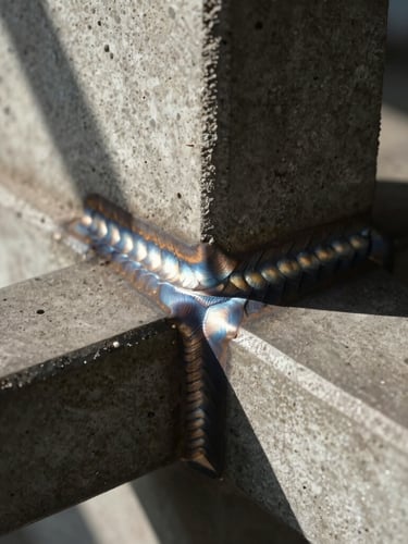 Extreme close-up of custom metal welds meeting raw concrete texture, high-contrast directional sunlight, chiaroscuro lighting, architectural detail