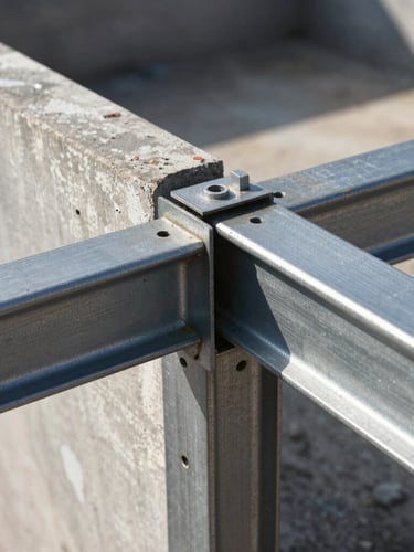Primer plano de una unión de viga de acero estructural y muro de hormigón visto, luz solar lateral rasante resaltando las texturas y la precisión del ensamble.