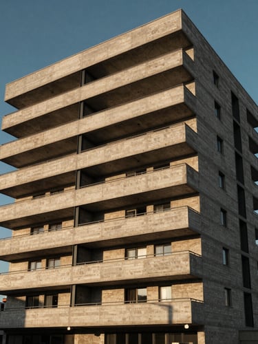 Vista de ángulo contrapicado de una residencia contemporánea de doble altura con muros de hormigón visto y vigas de acero negro, luz solar dramática de la tarde creando sombras geométricas marcadas.