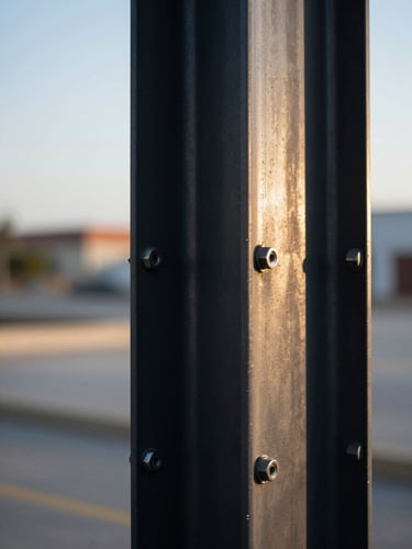 Plano medio de la unión de una viga de acero estructural negra con una columna de hormigón visto pulido, pernos de alta resistencia visibles, luz solar de la tarde proyectando sombras duras y texturas detalladas, estilo minimalista arquitectónico, sin personas.
