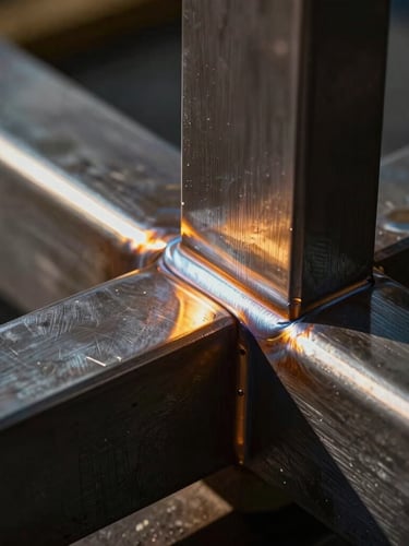 Extreme close-up of a flawless custom TIG weld on dark brushed steel, dramatic golden hour light reflecting off the metallic joint, architectural precision framing.