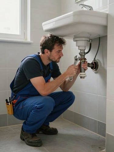 Wide shot of a plumber crouched under a sink fixing exposed pipes, wrench in hand, natural light from a window to the left, tiled bathroom floor visible, active job in progress, no staged elements