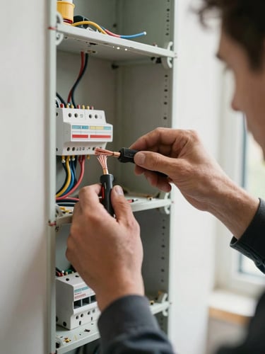 Close-up of an electrician's hands connecting wiring inside an open wall panel, tools gripped firmly, exposed copper cables mid-installation, natural daylight from a nearby window, active job site in background