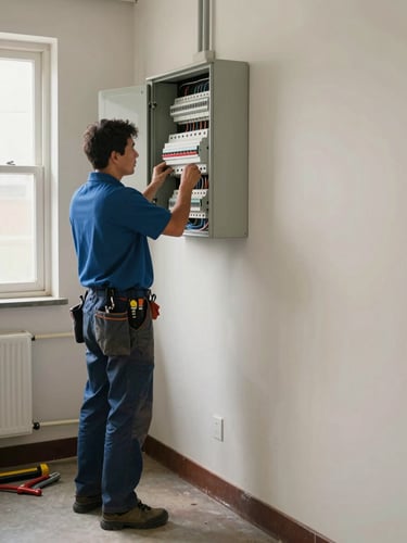Environmental portrait from behind of an electrician working on a circuit breaker panel in a residential corridor, tools laid on the floor beside him, warm natural window light from the left, documentary-style framing with generous negative space on the right