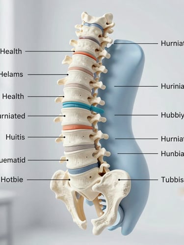 Detailed anatomical diagram of the human lumbar spine, showing a healthy disc and a herniated disc side-by-side, rendered in a clean clinical style with soft, professional lighting against a light gray background, clear and legible labels (implied for clarity), focus on the contrast between healthy and affected areas.