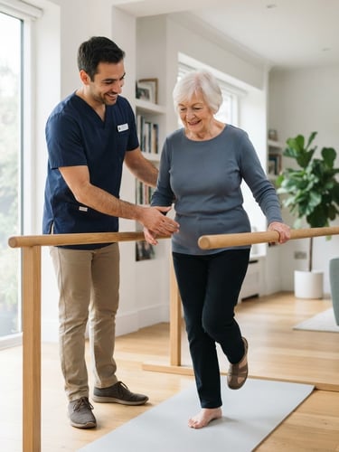 Dr. Hugo Martins assisting an elderly patient with gentle balance training in a bright, modern home environment, soft natural daylight, shallow depth of field, clean clinical photography, slate blue and white tones.