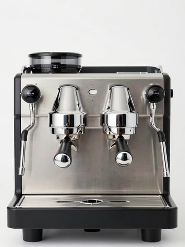 Front-facing studio shot of a sleek professional dual-group espresso machine gleaming under bright, high-key white lighting, clean background