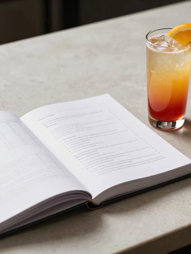 A beautifully styled recipe book lying open next to a vibrant layered mocktail with citrus garnish on a clean counter