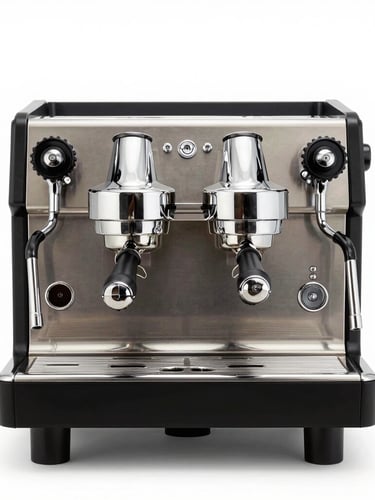 A crisp, front-facing product shot of a professional dual-group espresso machine gleaming under bright high-key white studio lighting, clean white background, soft shadows.