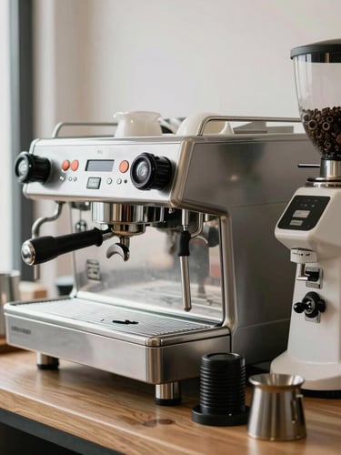 A professional-grade coffee bar setup with espresso machine, grinder, and neat accessories under bright high-key lighting