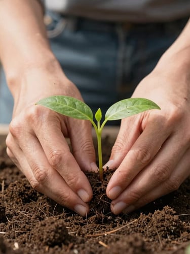 Close-up of hands planting a seedling in fertile soil, warm natural daylight, soft focus, earthy tones.