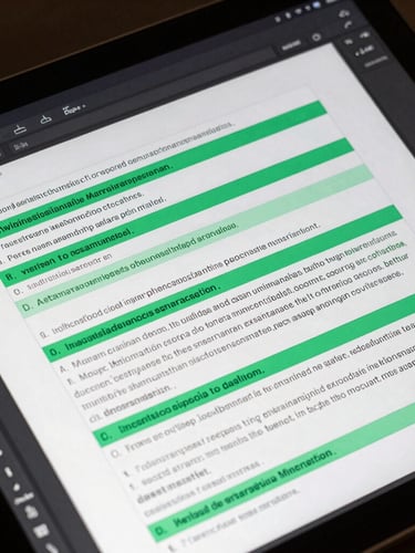 Close-up of a high-fidelity digital document editor on a dark screen, displaying structured legal paragraphs with clean emerald green highlights, modern typography, dark mode interface, crisp studio lighting.