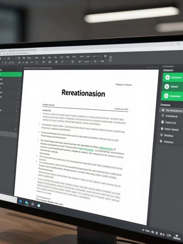 Tight close-up of a high-fidelity digital legal document editor on a sleek monitor, clean typography, emerald green accent highlights on the interface, cool studio lighting, dark modern workspace background.