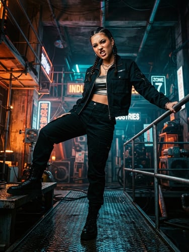 Low-angle dynamic shot of a model posing against a neon-lit industrial set, dramatic high-contrast studio lighting, rich saturated orange and cyan tones, vibrant editorial photography, 35mm