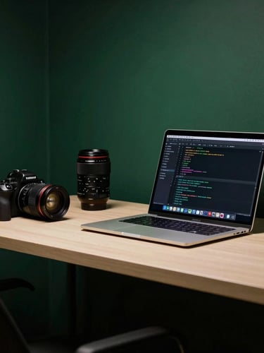 A clean, organized desk with a modern camera setup and a laptop showing code, moody high-contrast studio lighting, deep forest green shadows, soft gold accents