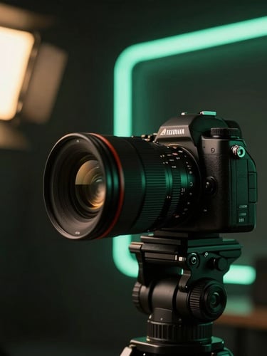 Close-up of a modern camera setup in a dark studio, capturing content with warm gold ambient light and sharp mint neon reflections, professional creative workspace