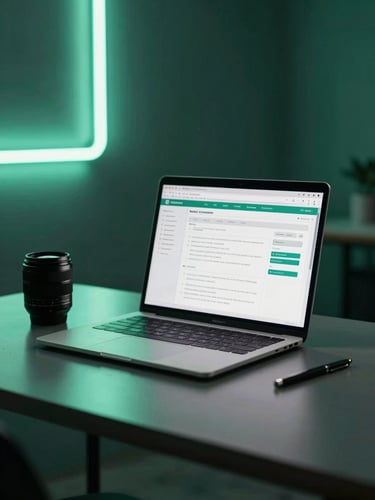 Moody editorial photography of a clean, organized workspace with a laptop showing a workflow automation diagram, soft mint neon light reflecting on a matte dark desk, sharp 35mm lens