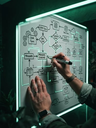 Moody close-up of hands sketching an automation workflow on a physical whiteboard, soft neon mint highlights, sharp focus, 35mm lens