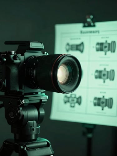 Moody close-up of a professional camera setup on a tripod in a dark studio, soft mint neon light illuminating the lens and a physical storyboard in the background.
