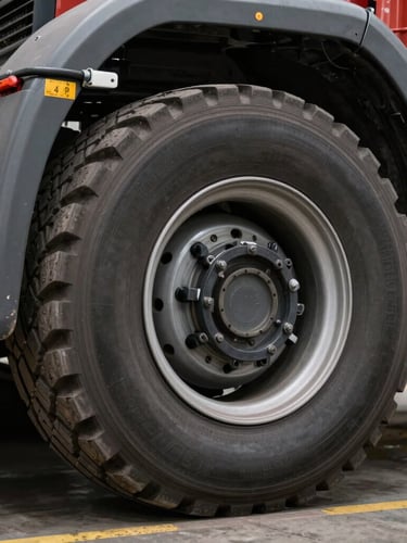 Close-up of a heavy-duty truck tire and multi-axle suspension system undergoing safety inspection in a professional transport workshop.