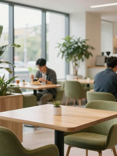 Bright modern corporate cafeteria interior filled with natural light, minimalist wooden tables, lush indoor plants, employees enjoying meals in a clean airy space, editorial style